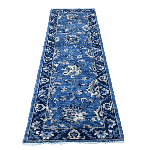 Sapphire and Tottenham Navy Blue, Hand Knotted Peshawar With All Over Mahal Design With Scrolls and Veins, Pure Wool, Natural Dyes, Runner Oriental Rug