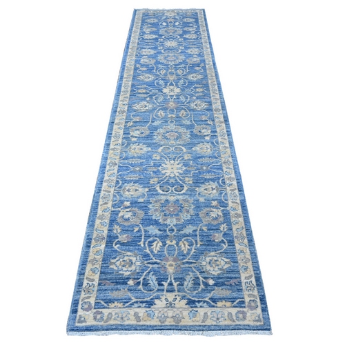 True Blue, Hand Knotted All Wool, Vegetable Dyes, Mahal All Over Design, Peshawar Runner Oriental Rug