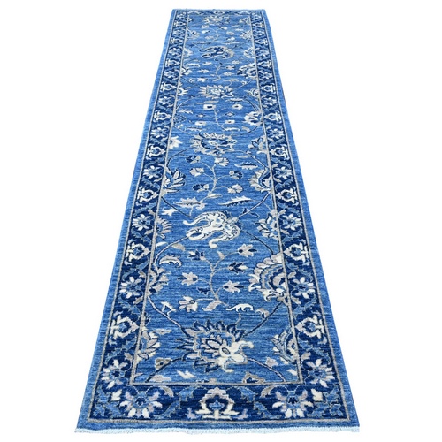 Tufts Blue, Peshawar Hand Knotted Natural Wool, Vegetable Dyes, Mahal All Over Design With Scrolls and Veins, Runner Oriental Rug