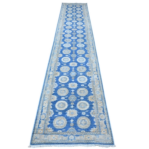 Oxford Blue, Flower Rosette All Over Repetitive Design, Peshawar, Vegetable Dyes, All Wool Hand Knotted Runner Oriental Rug