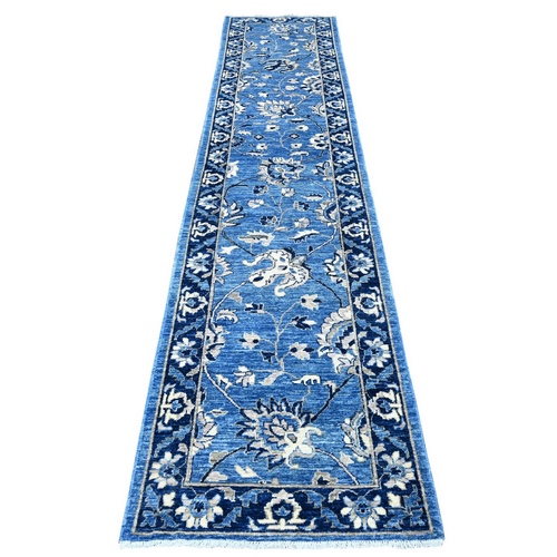 Denim and Star Blue, Hand Knotted Mahal Design With All Over Scrolls and Veins, Peshawar, Natural Dyes, 100% Wool Runner Oriental Rug