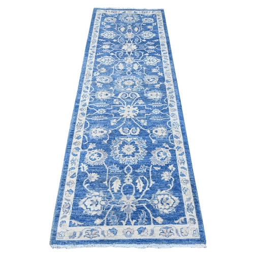 Jeans Blue, Densely Woven Vegetable Dyes, Finer Peshawar With All Over Ziegler Mahal Design, Shiny Wool Hand Knotted Runner Oriental Rug