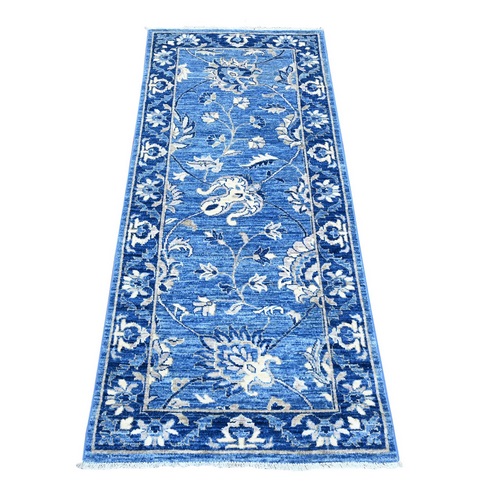 Cornflower and Breton Blue Border, Natural Dyes, Peshawar Mahal Design With Scrolls and Veins, Hand Knotted Vibrant Wool Oriental Short Runner Rug