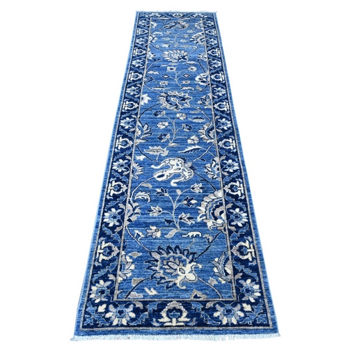 Reflex Blue, Fine Aryana Collection Vegetable Dyes, Hand Knotted All Wool, Ziegler Mahal Design With All Over Scrolls and Veins, Runner Oriental Rug