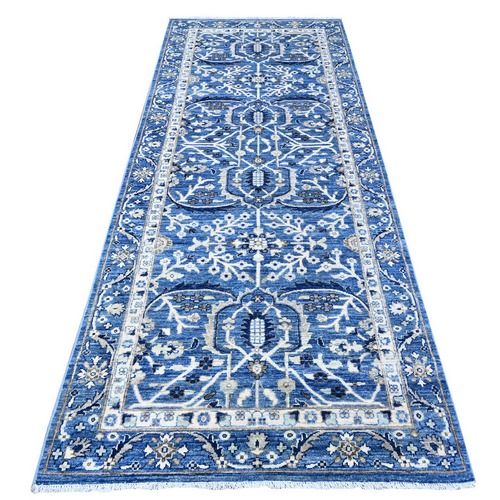 Ceruleau Blue, Pure Wool, Vegetable Dyes, Hand Knotted Heriz All Over Design, Fine Aryana Wide Runner Oriental Rug