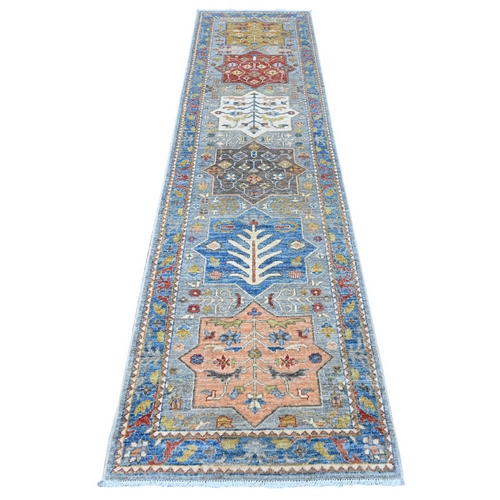 Shadow Gray and Vivid Blue, Organic Wool, Fine Aryana Collection, Hand Knotted Caucasian Akstafa Design, Runner Oriental 