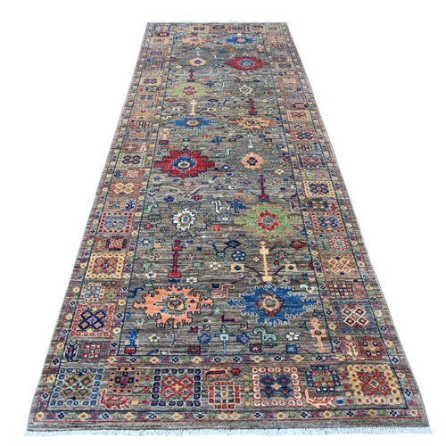 Magnet Gray, Aryana Collection, Ziegler Mahal Design with Colorful Medallions, Vegetable Dyes, Hand Knotted, Natural Wool, Wide Runner Oriental Rug