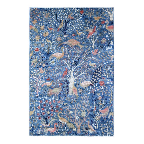 Quilt Blue, Soft Wool, Vegetable Dyes, Hand Knotted, Afghan Peshawar with Birds of Paradise, Oriental Rug