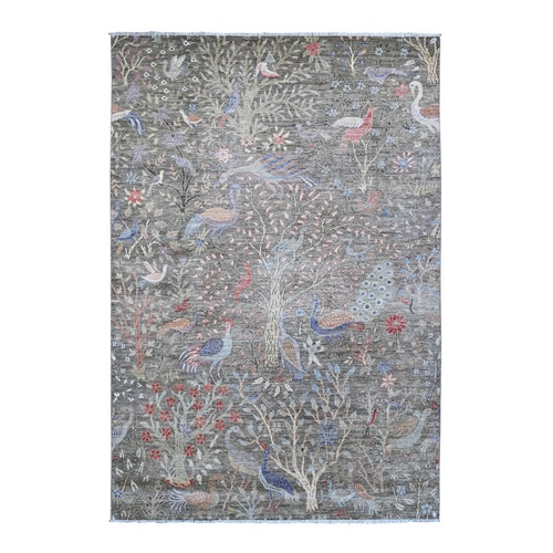 Moonquake Gray, Hand Knotted, Pure Wool, Natural Dyes, Afghan Peshawar With Birds of Paradise Design, Oriental Rug 