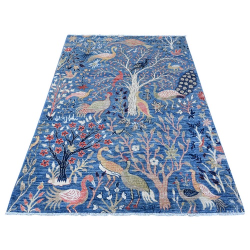 Spectrum Blue, Birds of Paradise Tree of Life Design, Hand Knotted, Afghan Peshawar, Natural Dyes Pure Wool, Oriental Rug