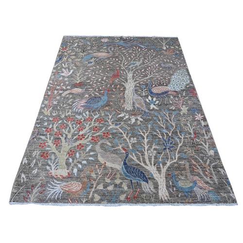 Magnet Gray, Birds of Paradise Design, Hand Knotted Soft Wool, Vegetable Dyes, Afghan Peshawar Oriental Rug 