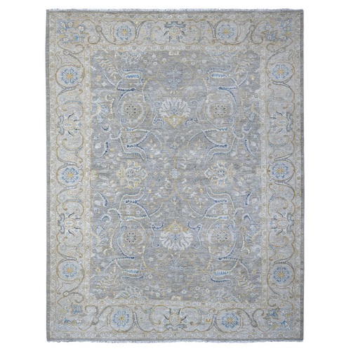 Nimbus Gray With Silver Chalice Border, All Over Afghan Peshawar Design, Hand Knotted Densely Woven, Extra Soft Wool, Vegetable Dyes, Oriental Rug