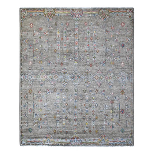 Cityscape Gray, Denser Weave Natural Wool, Vegetable Dyes, Berber Influence Geometric Motifs Peshawar, Hand Knotted Oriental 