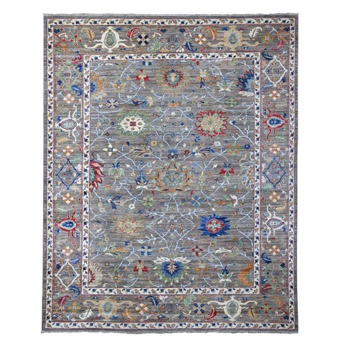 Intergalactic Gray, Soft and Shiny Wool, Aryana Collection, Hand Knotted Ziegler Mahal All Over Colorful Floral Pattern, Vegetable Dyes, Square Oriental Rug