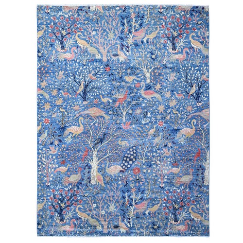 Regal Blue, Vegetable Dyes, Hand Knotted, Natural Wool, Borderless Afghan Peshawar with Birds of Paradise Design, Oriental 