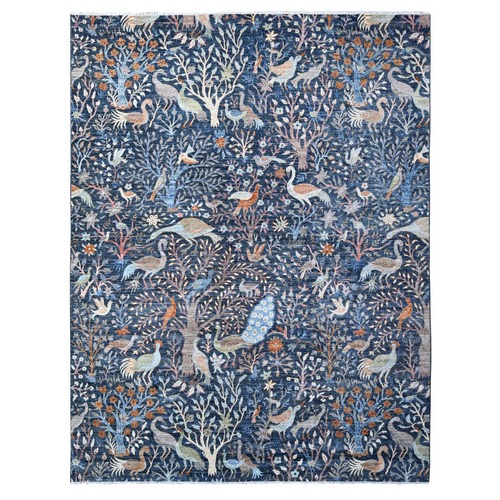 Bracing Blue, Borderless Afghan Peshawar Birds of Paradise Tree of Life Design, Hand Knotted, Abrash, Natural Dyes, Velvety Wool, Oriental 