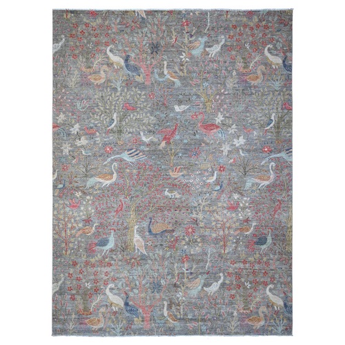 Marble Gray, Birds of Paradise Afghan Peshawar Design, Abrash, Vegetable Dyes, Hand Knotted, Organic Wool, Oriental 