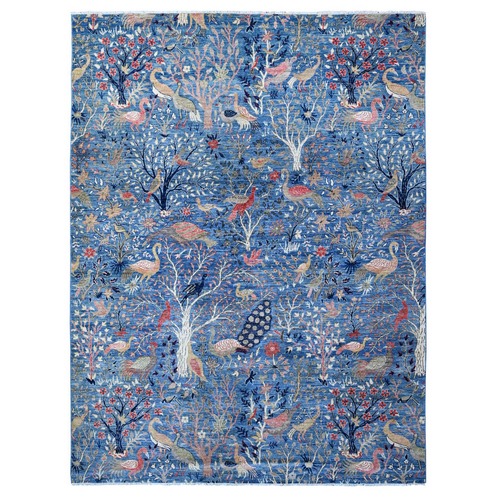 Danube Blue, Hand Knotted, Extra Soft Wool, Borderless Afghan Peshawar with Birds of Paradise Design, Vegetable Dyes, Oriental Rug