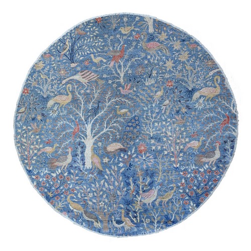 Pacific Blue, Afghan Peshawar, Hand Knotted Organic Wool, Natural Dyes, Birds of Paradise Design, Round Oriental Rug