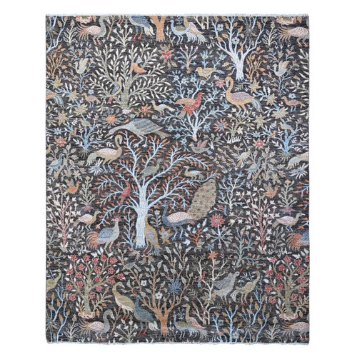 Wolf Gray, 100% Wool, Hand Knotted, Pop Of Colors, Birds of Paradise, Tree of Life Afghan Peshawar, Natural Dyes, Oriental Rug