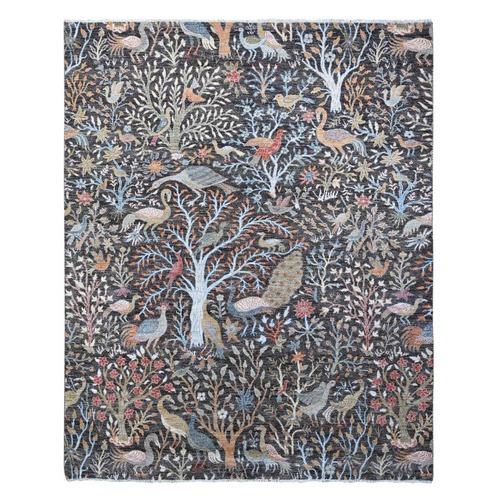 Wolf Gray, 100% Wool, Hand Knotted, Pop Of Colors, Birds of Paradise, Tree of Life Afghan Peshawar, Natural Dyes, Oriental 