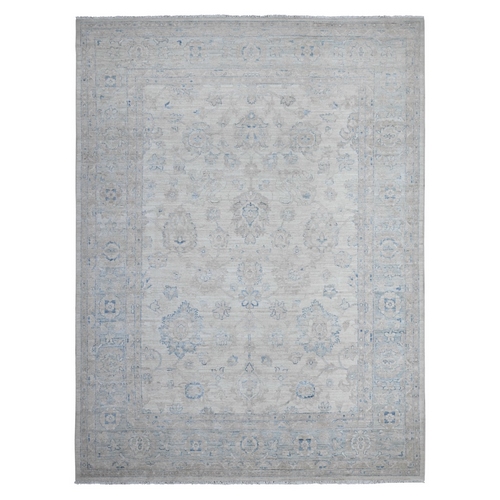 Swiss Coffee White and Ice Blue, Vibrant Wool, Fine White Wash Peshawar All Over Mahal Design, Hand Knotted Oriental 