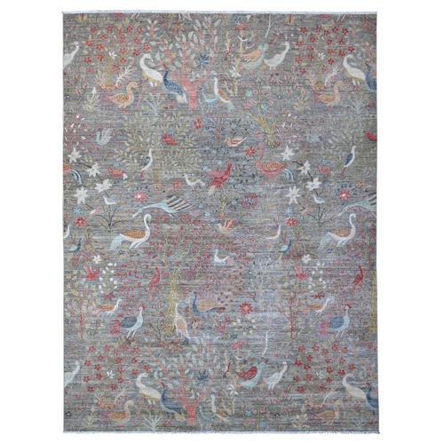 Delray Gray, Afghan Peshawar Bird Paradise Design, Hand Knotted, Organic Wool Abrash, Vegetable Dyes, Oriental Rug