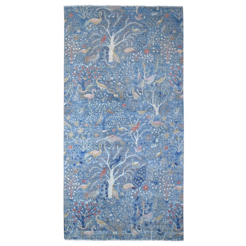 Sea Blue, Hand Knotted 100% Wool, Vegetbale Dyes, Afghan Peshawar With Birds of Paradise Design, Gallery Size Runner Oriental 