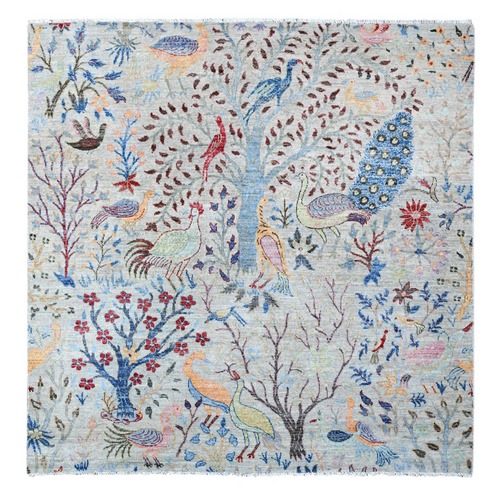 Beacon Gray, Hand Knotted Birds of Paradise, Vegetable Dyes, Extra Soft Wool, Afghan Peshawar Square Oriental Rug