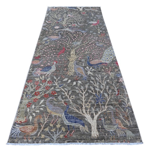 Lava Gray, Afghan Peshawar Birds of Paradise Tree of Life Design, Hand Knotted, Vegetable Dyes, Shiny Wool, Wide Runner Oriental 