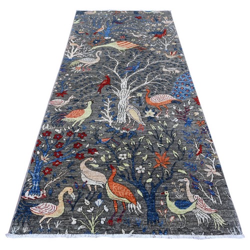 Davys Gray, Hand Knotted Vegetable Dyes, Natural Wool, Tree Of Life, Birds of Paradise Design, Afghan Peshawar Wide Runner Oriental 