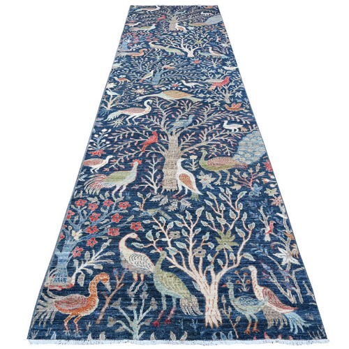 Stunning Blue, Hand Knotted Birds of Paradise Pure Wool, Vegetable Dyes, Tree of Life Afghan Peshawar, Borderless Wide Runner, Oriental 