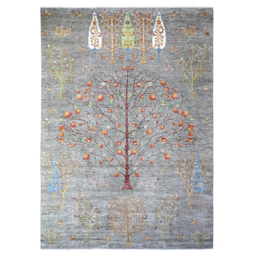 Screen Gray, Peshawar Folk Art Willow And Cypress Tree Design, 100% Wool, Small Animal and Birds Figurines, Hand Knotted, Borderless Oriental Rug