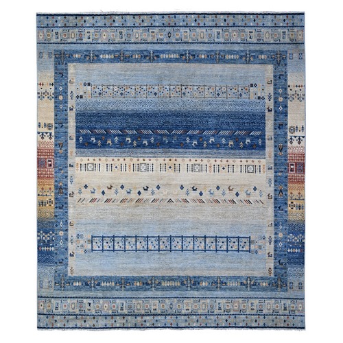 Steel Blue, Fine Kashkuli Gabbeh, Hand Knotted, All Natural Wool, Vegetable Dyes With Small Animals And Human Figurines, Oriental Rug