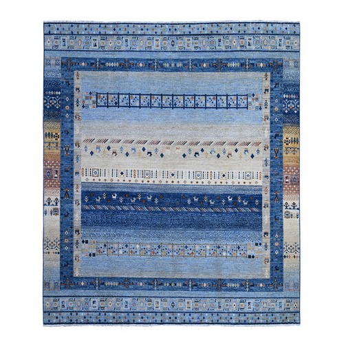 Blue, Vegetable Dyes With Small Animals And Human Figurines, Soft And Shiny Wool, Hand Knotted, Fine Kashkuli Gabbeh, Oriental Rug