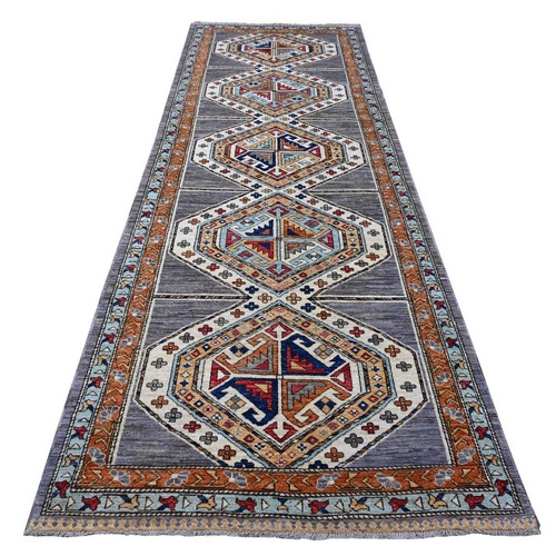 Storm Cloud Gray, Vegetable Dyes, Fine Wide Runner Afghan With Geometric Village Design, 100% Wool, Hand Knotted Oriental Rug