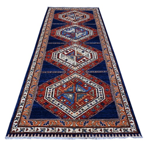 Federal Blue With Ginger Orange, Soft Wool, Aryana Vegetable Dyes, Fine Afghan With Geometric Village Design, Hand Knotted Wide Runner Oriental Rug