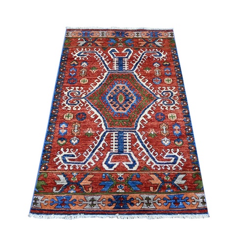 Currant Red, Borderless, All Wool, Kazak With Caucasian Design Tribal Motifs, Natural Dyes, Denser Weave Hand Knotted Runner Oriental Rug