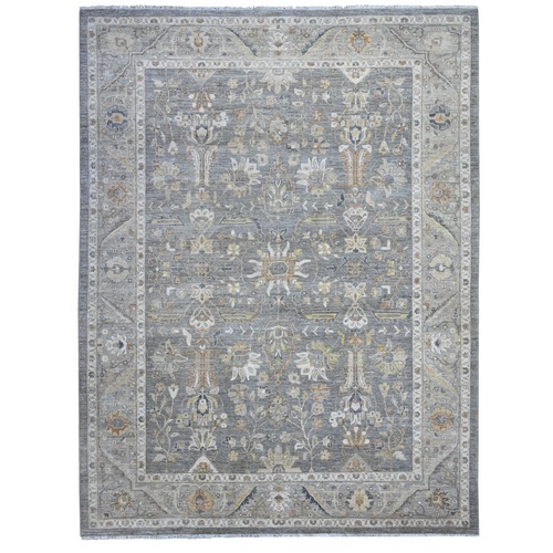 Ice Gray, Densely Woven, All Natural Wool, Fine Peshawar Heriz, Hand Knotted, Sickle Leaf Design, Oriental Rug