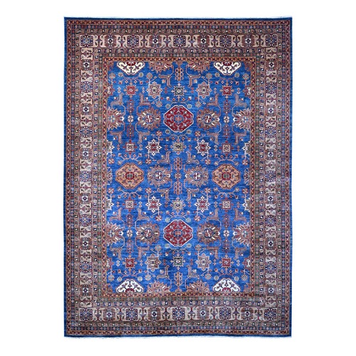 Admiral Blue and Dusty Gray, Hand Knotted, Natural Dyes, Super Kazak with Tribal Medallions Design Soft and Shiny Wool, Oriental Rug