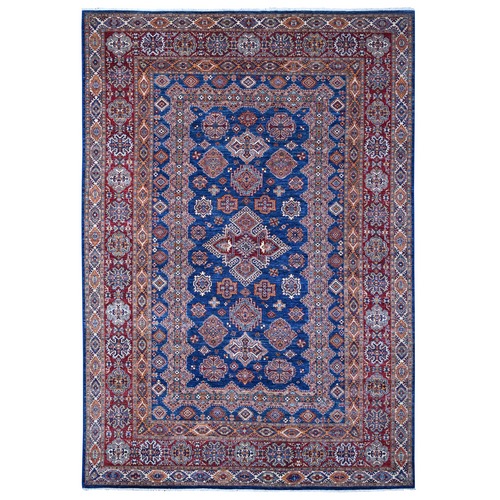 Cobalt Blue and Carmine Red, Hand Knotted, Vegetable Dyes, Super Kazak With All Over Colorful Tribal Motifs, Velvety Wool, Multiple Borders Oriental Rug