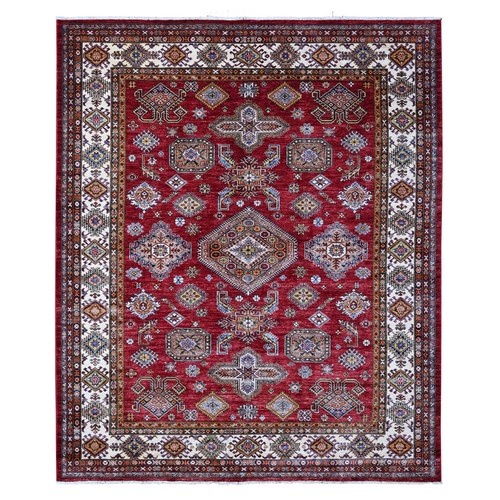 Granate Red, Natural Dyes, 100% Wool Hand Knotted Afghan All Over Super Kazak Colorful Geometric Motifs Oriental Rug