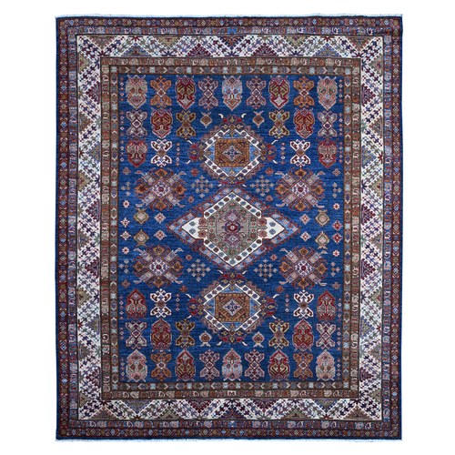 Midnight Blue, Shiny Wool, All Over Tribal Motifs, Natural Dyes, Hand Knotted Afghan Super Kazak, Oriental Rug