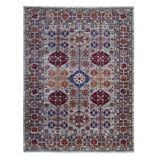 Argos Gray, Soft And Shiny Wool, Hand Knotted, Vegetable Dyes Afghan Super Kazak All Over Design Oriental Rug