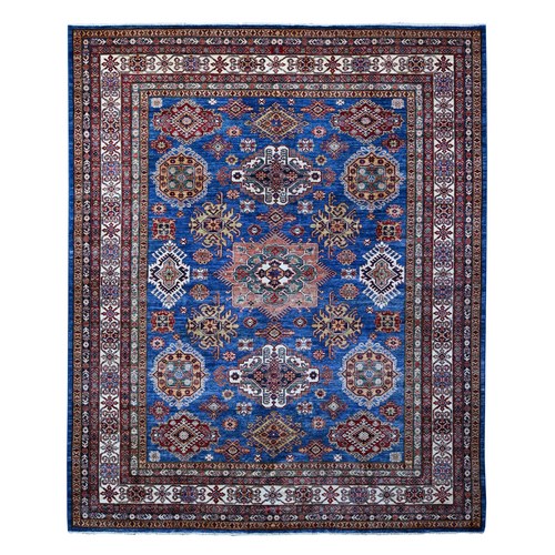 Trypan Blue, Afghan Super Kazak All Over Tribal Geometric Pattern, All Wool, Hand Knotted, Natural Dyes Oriental Rug