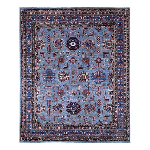 Tufts Blue, Hand Knotted, Afghan Super Kazak With Tribal Motifs All Over Design, Densely Woven, Vegetable Dyes, Oriental Rug