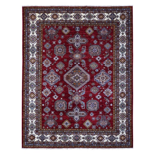 Heritage Red With Ivory Border, Bright Afghan Super Kazak Hand Knotted All Over Motifs, Natural Dyes, Pure Wool Oriental Rug