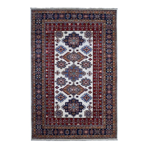 Cloud White, Hand Knotted Natural Dyes, Afghan Shiny Wool Super Kazak All Over Geometric Design With Multiple Borders Oriental Rug