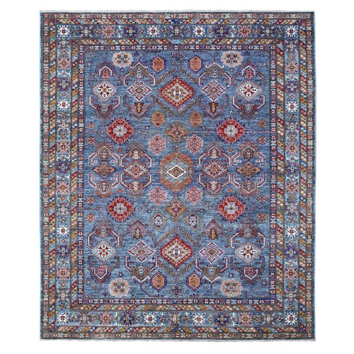 Slate Gray, Afghan Vegetable Dyes, Hand Knotted, Vibrant Geometric Motifs All Over Pattern, Soft Wool Super Kazak Oriental Rug