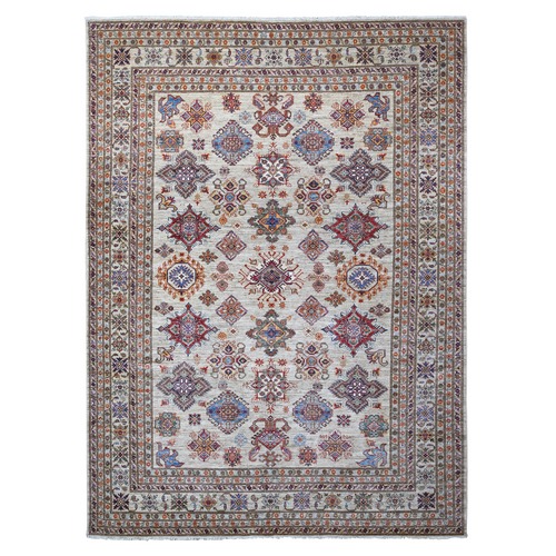 Shiny Luster Gray, Pure Wool with All Over Motifs, Afghan Super Kazak, Vegetable Dyes, Hand Knotted, Oriental Rug